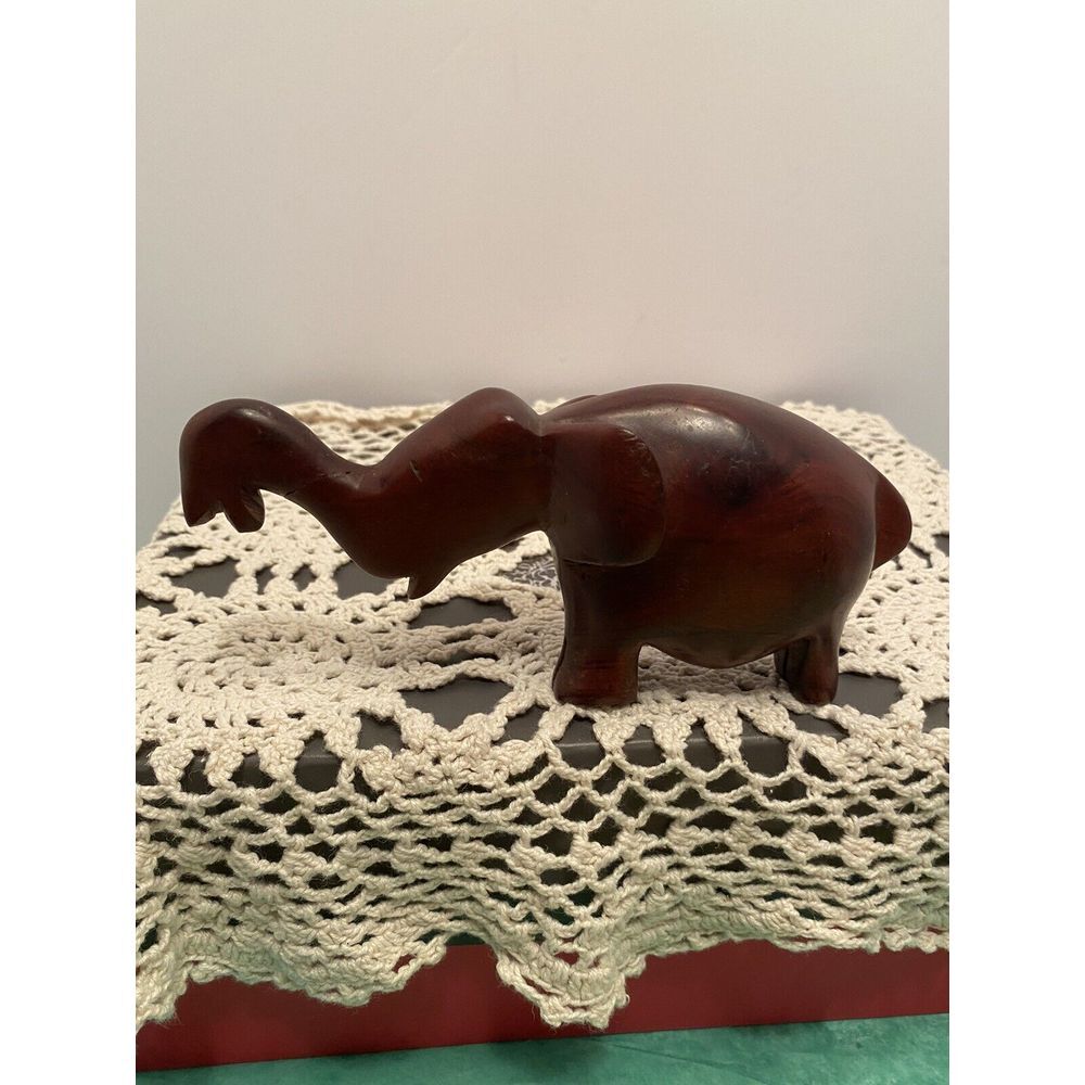 Folk Art Elephant Statue Primitive Animal Figurine Brown Hand Carved Dark Wood